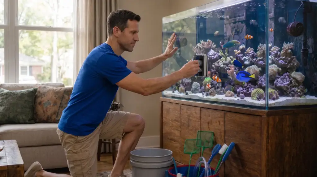 Aquarium maintenance technician performing a water change and glass cleaning on a home reef tank