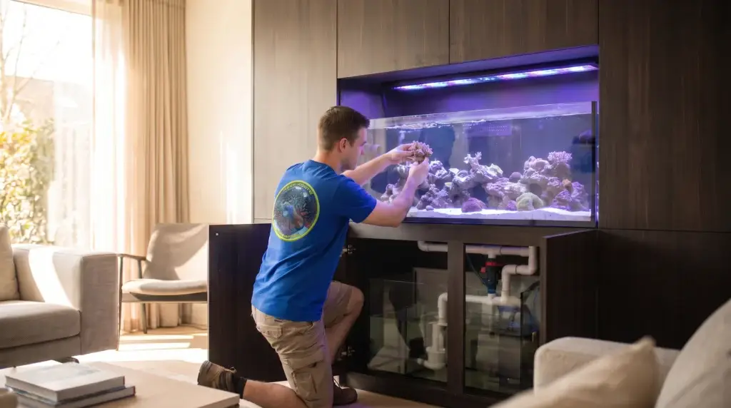 Professional aquarium installation of a custom saltwater reef tank in a Middle Tennessee home